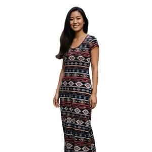 Womens Aztec‎ Print Maxi T-Shirt Dress Large Black Red Blue Navajo Southwestern